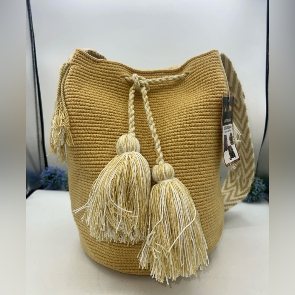 Bag Wayuu Mochila Bucket Boho Colombia Purse Yellow, Beige